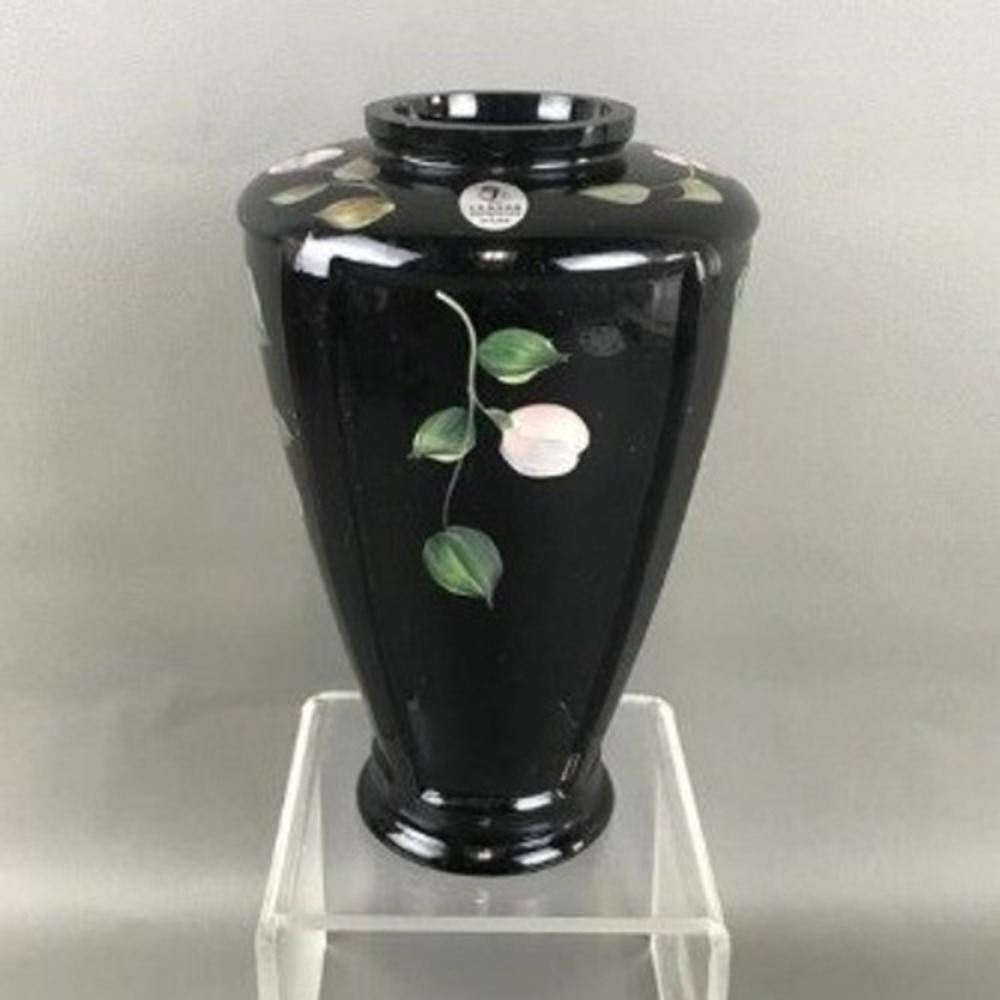 Vintage Fenton Black Glass Vase Hand Painted Pink Flowers Signed K Andersen 7"